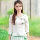 春夏季民国风手绘唐装修身旗袍改良中式中袖印花短装上衣女学生衫