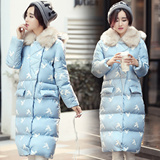 2016韩版修身显瘦中长款大毛领印花羽绒棉衣女冬季新款保暖外套