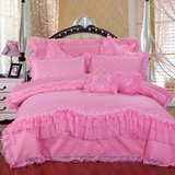 婚庆四件套大红蕾丝床单被套4 六八十床品 纯棉结婚床上用品粉色