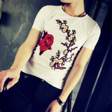 中国风男士韩版修身型圆领短袖花卉刺绣T恤男装夏装个性潮流夜店