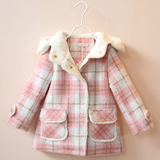 特~2015冬装女童装韩版女宝宝学院风格子毛呢羊羔绒外套大衣外套