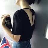 2016夏季新款气质百搭背后系带大V领漏背露背性感T恤短袖女装上衣