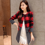 2015秋季新款 韩版中长款毛呢外套大衣 女装时尚显瘦格子风衣
