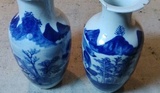 艺元素老物件清代古董古玩山水画青花瓷器花瓶复古摆件特价包邮