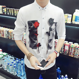 夏季新款男士韩版修身七分袖衬衫潮男英伦日系休闲3D印花中袖衬衣
