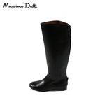 Massimo Dutti秋冬款欧美简约真皮长筒靴平跟后拉链长靴粗跟女靴