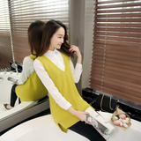 2016春季新款韩国开叉显瘦v领套头长款针织背心+长袖衬衫两件套女