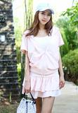 韩国代购2016夏款5.30甜美粉色连帽短袖卫衣+半裙套装
