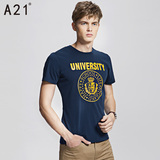 A21男装 夏季英伦学院修身印花字母短袖t恤 圆领时尚潮t