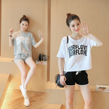 韩都衣舍新款女装韩版字母T恤短裤运动休闲两件套装夏天少女衣服
