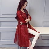 2016春装新款韩版修身欧根纱蕾丝拼接风衣中长款外套气质连衣裙女