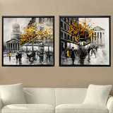 客厅油画组合黑白手绘装饰画立体挂画简欧式沙发背景两联巴黎街景