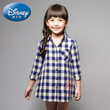 迪士尼童装 女童长袖纯棉格子长款衬衫  儿童中大童衬衣