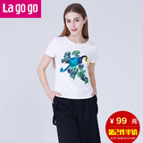 Lagogo/拉谷谷2016年夏新款白色圆领印花休闲女短袖T恤FBL791E432