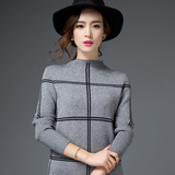 韩国半高领大码羊毛衫格子针织打底衫宽松中长款加厚套头毛衣女式