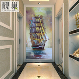 欧式3D立体玄关背景墙壁纸餐厅走廊过道墙面墙纸壁画复古油画帆船