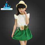 童装 女童夏装套装2016新款儿童韩版小飞袖蕾丝T恤公主裙子两件套