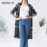 SheeLov 2016夏季新款女装西装领中袖中长款风衣黑白格纹雪纺外套