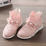 幼儿春秋季新款女童皮靴1-2-3岁女宝宝靴子蕾丝儿童短靴软底鞋子