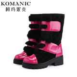 柯玛妮克/Komanic 休闲牛漆皮拼牛猄皮女靴 粗跟时装中筒靴K32761