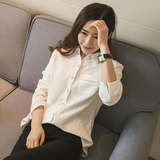 2016春季新款韩版女装长袖方领纯色口袋修身显瘦单排扣衬衫打底衫