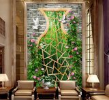立体玄关过道走廊餐厅中式花瓶窗花木雕花藤竹林背景墙壁纸墙纸