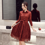 韩版中长款长袖有带领森系蕾丝连衣裙秋裙2016新款秋装女秋天裙子