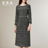 XSA棉麻连衣裙加厚中长款2015秋冬新款大码女装珍珠黑职业OL长裙