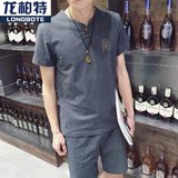 中国风时尚日系复古刺绣短袖男亚麻T恤棉麻V领纯色半截袖大码夏装