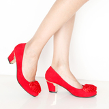 妆新秋冬季新款红色婚鞋粗跟新娘鞋红色花朵中跟结婚鞋伴娘鞋婚鞋