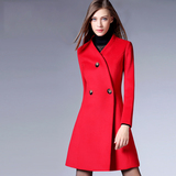 欧美大牌2015冬装新款毛呢外套女装中长款红色呢子大衣修身呢风衣