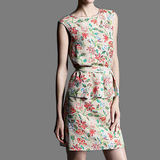 颜域品牌女装欧洲夏装站2015印花连衣裙欧美复古无袖假两件套装裙