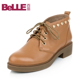 Belle/百丽摔纹牛皮系带女鞋铆钉时尚中跟单鞋冬季6T-12DM4