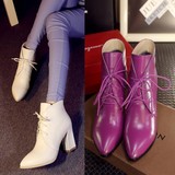 2016秋冬季韩版高跟系带马丁靴女真皮粗跟尖头短靴及祼靴紫色白色