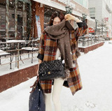 2014冬季新款韩版女式长款外套 黄色格子气质百搭加棉羊毛呢大衣
