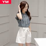 YM品牌女装新款欧洲站2016夏装韩版两件套套装无袖衬衫上衣短裤29