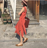 夏装新款韩国chic气质橘红显白修身百搭针织绑带侧开叉连衣裙
