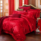 高档结婚床上用品婚庆四件套大红色贡缎提花被套全棉床单新婚床品