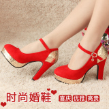 妆新新娘鞋子红色高跟鞋秋季新娘鞋红色花朵结婚女鞋粗跟女结婚鞋