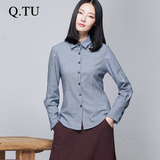 Q.TU品牌2016新款棉混纺修身衬衫通勤方领长袖格子衬衣女W940