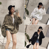 韩版夏季新品女装BF学院风宽松大码军绿长袖拉链短外套棒球服上衣