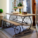 威梦诗家具酒吧咖啡厅桌椅组合休闲桌椅车轮创意复古铁艺实木餐桌