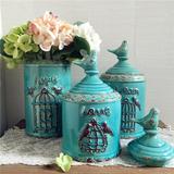 【简.美家】新品 美式怀旧蓝色冰裂纹小鸟鸟笼图案陶瓷花瓶收纳罐