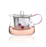 一屋窑 玻璃花茶壶 泡茶壶 过滤红茶器 耐高温 粉色透明 不掉盖