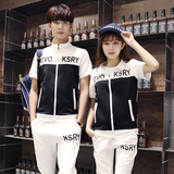 2016情侣装夏装新款修身男女运动套装韩版学生立领短袖T恤衫班服