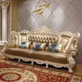 欧式真皮沙发组合  美式奢华实木雕花头层牛皮 白色田园客厅家具