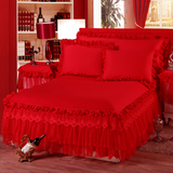 纯棉婚庆大红粉玉色床罩床笠床裙床头套床头罩组合四件套加厚高档