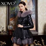 XOVO专柜精品 2015新款修身狐狸毛领带帽真皮羽绒服皮衣女中长款