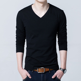 韩版男装 修身春季男士长袖T恤打底衫V领纯色修身上衣服黑白 潮男