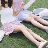 LRUD2016夏季新款韩版小清新格子高腰半身裙女不规则开叉A字裙